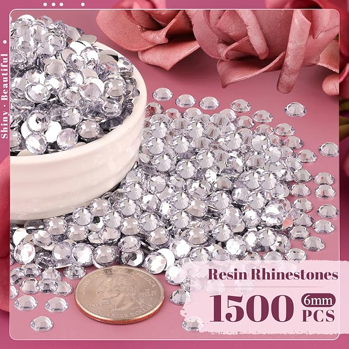 1500PCS 6mm Resin Rhinestones Bulk for Crafting (Clear), Flatback Bedazzling Crystals for Crafts DIY Nail Decoration, Gems Charms for Tumbler Shoes Clothing Fabric with Pickup Pen and Tweezers