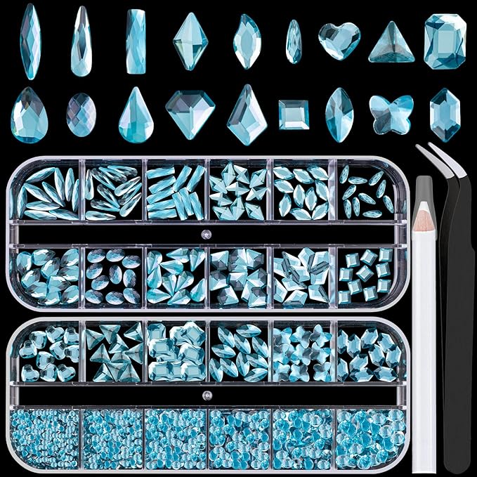 18 Styles Multi-Shaped Glass Gemstones for Nails and 6 Sizes Round Crystal Rhinestones Kit #8, Lake Blue Nail Art Charm Bead Manicure Decoration with Pickup Pencil and Tweezer