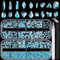 18 Styles Multi-Shaped Glass Gemstones for Nails and 6 Sizes Round Crystal Rhinestones Kit #8, Lake Blue Nail Art Charm Bead Manicure Decoration with Pickup Pencil and Tweezer