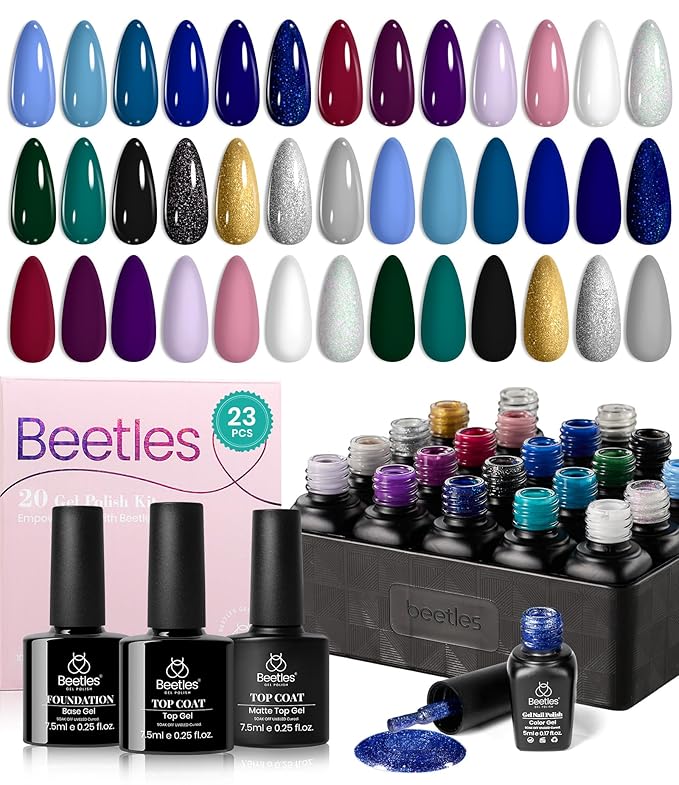 Beetles Gel Nail Polish Set Navy Blue Burgundy Purple Green Black Goloden Pink Gel Polish 20 Colors Celestial Collection Deep Color Nail polish Soak off UV LED DIY Salon Gift for Women