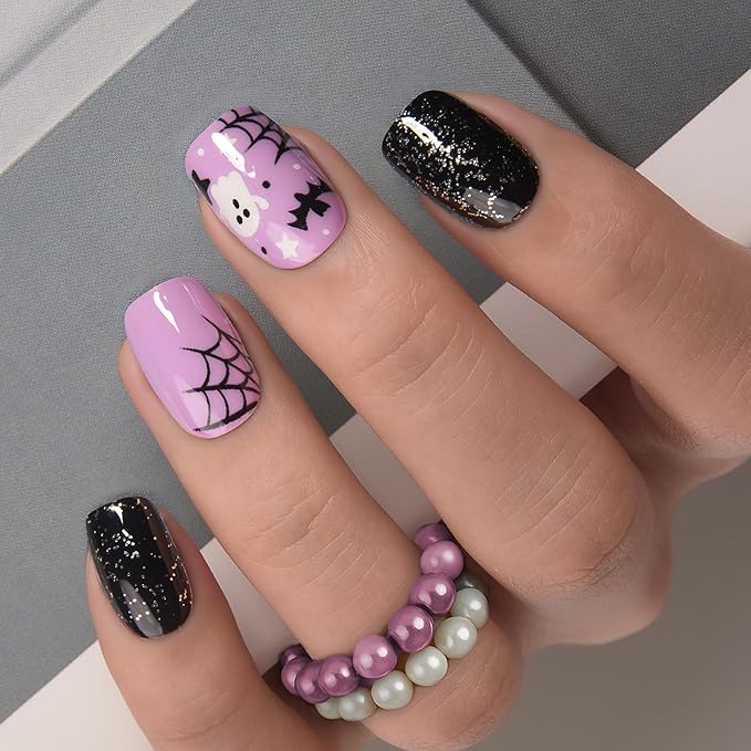 Curvlife Press on Nails Acrylic Halloween Fake Nails with Design Full Cover False Nails Reusable Nail Kit with Nail Glue AdhesiveTabs Artificial Glue on Nails