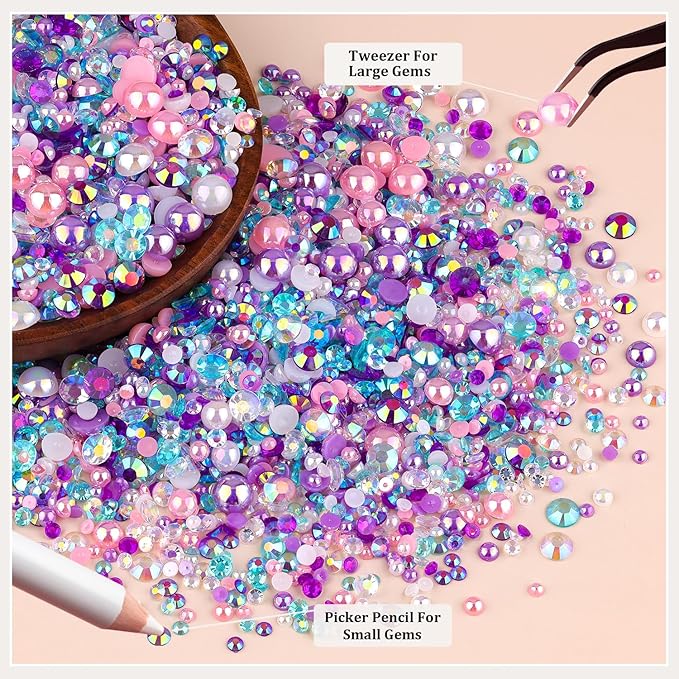 14000PCS Flatback Pearls and Rhinestones for Bedazzling Kit, Pink Purple Mixed Size 3-10mm Resin Rhinestones Gems and Half Pearls for Crafting, Nail Art Crafts Decoration