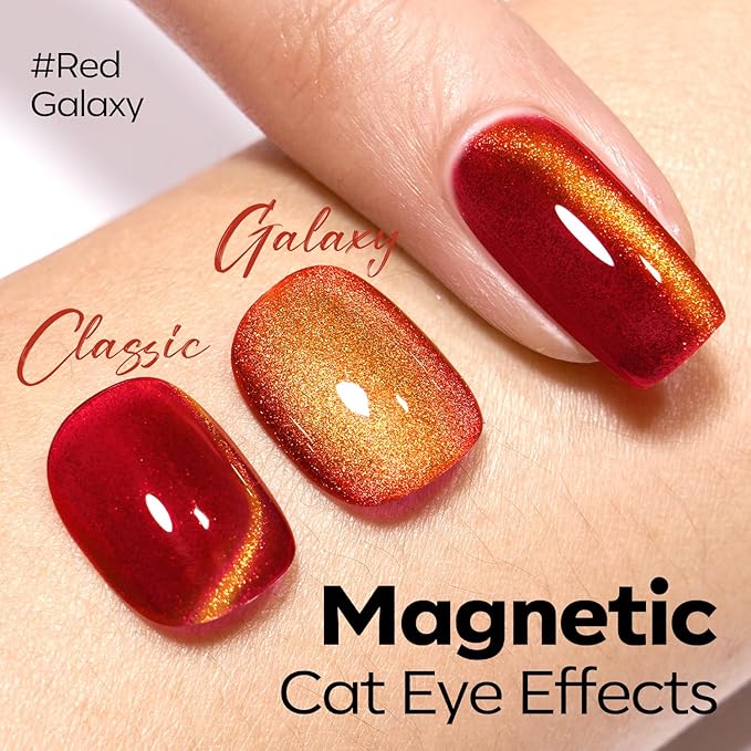 modelones Red Cat Eye Gel Nail Polish Glod Magnetic Glitter Holographic Red Ruby Valentine Gel Polish Reflective Jelly Translucent UV Gel Manicure 15 ML