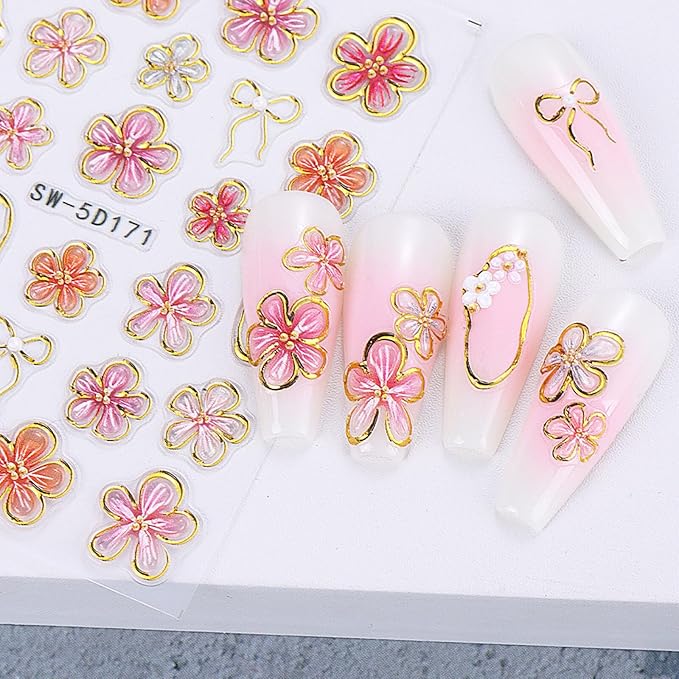 Flower Nail Stickers Decals 5D Embossed Flower Nail Decals Pink Five-Petaled Gold Floral Circle Spring Summer Nail Art Design Bow Tie Flowers Nail Adhesive Decals for DIY Nail Art Decorations 2Pcs