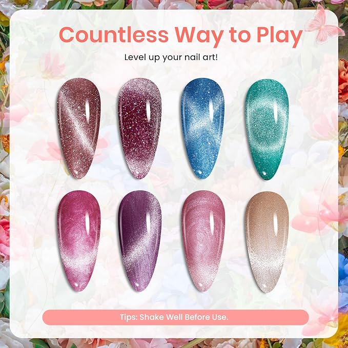 beetles Cat Eye Gel Polish Set - Floral Verses 20 Colors Gel Polish Kit, Blue Pink Purple Green Shimmer Nail Colors, with Magnet Stick Glossy & Matte Gel Top Base Coat UV Gifts for Women