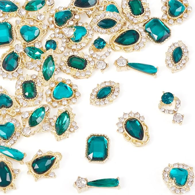 KISSITTY 48pcs Nail Art Rhinestones Flat Back Rhinestone Crystal Cabochons Green Color Heart Teardrop Rectangle Shape Small Embellishments for Nail Art Craft Decoration Jewelry Making