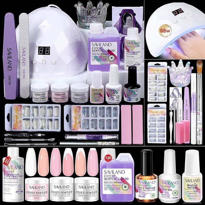 SAVILAND Acrylic Nail Kit: Professional Nails Kit Set Clear White Pink Acrylic Powder and Liquid Set with U V Nail Lamp Nail Remover for DIY Home Use