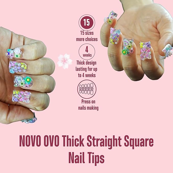 NOVO OVO Straight Square Thick Short Natural Nail Tips Press on, No C Curve Sharp Square Soak Off Soft Gel Fake Nail Extension, Full Cover False Nails for Acrylic French, Salon DIY x 15 Sizes 510 pcs