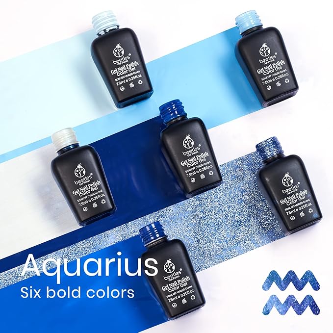 Beetles Blue Gel Nail Polish,6 Colors Baby Blue Glitter Aquarius Holy Water Collection Gel Polish Soak off Uv Led Lamp Nail Art Manicure Gifts for Women St Patrick Day