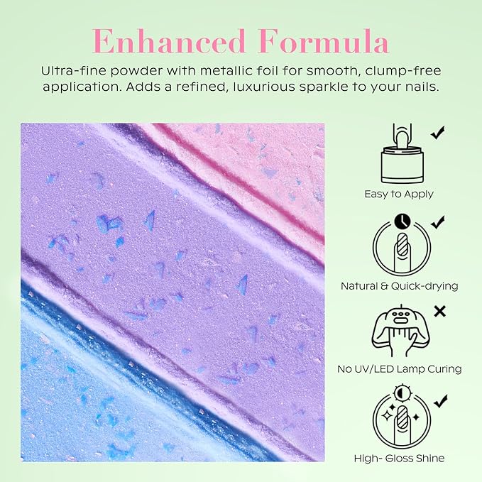 AZUREBEAUTY Dip Powder Nail Set, Clear Pink Coral Violet Blue Green Pastel Shades with Sparkling Aluminum Foil, 6 Colors Dipping Powder Starter Kit Nail Art Manicure Salon, No Need Nail Lamp Cured