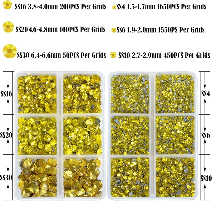 NCB Hotfix Iron on 8000pcs Crystal Rhinestones Round Gem for Crafts Decoration DIY Jewelry Making with a Tweezers and 2 Picking pens (Citrine, 6Sizes SS4-SS30)