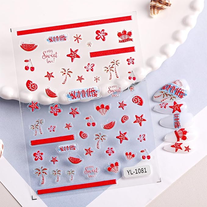 5 Sheets Summer Series Nail Stickers Embossed Nail Art Stickers Swimsuit Nail Decals with Swimming Ring Ice Cream Designs Cute Ocean DIY Self-Adhesive Nail Art Supplies