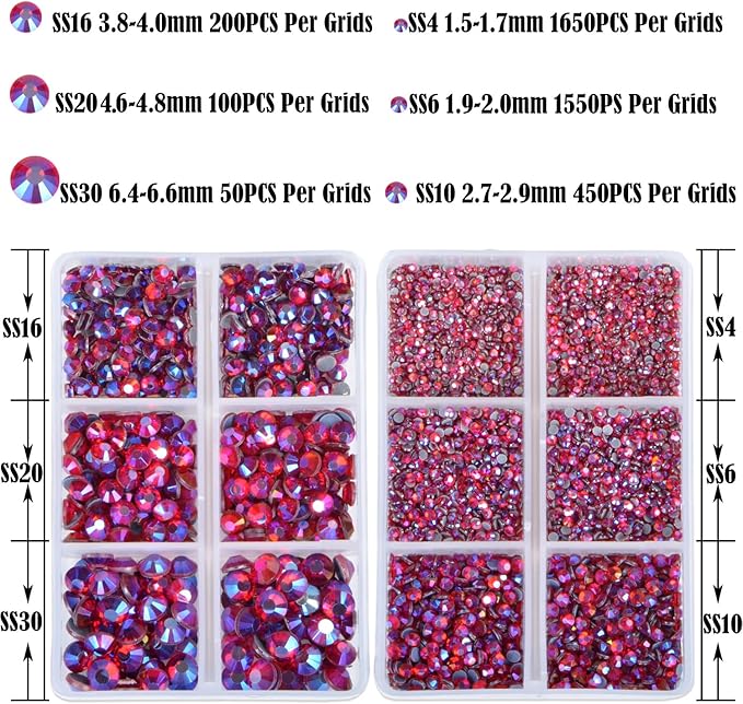 NCB Hotfix Iron on 8000pcs Crystal Rhinestones Round Gem for Crafts Decoration DIY Jewelry Making with a Tweezers and 2 Picking pens (Siam AB, 6Sizes SS4-SS30)