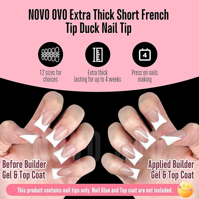 NOVO OVO Short Duck Nail Tips French Tip Press On BROWN PINK, Pre-designed Soft Gel Nail Extension, Need Buider Gel Top Coat, No Glue included, Full Cover Acrylic False Nails for DIY x 12 Sizes 240 pc