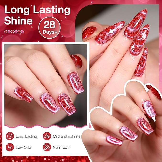 Ruby Pink Cat Eye Gel Nail Polish with Magnetic Stick - 12ML Glitter Magnetic Nail Polish for Multiple 3D Effects, Soak Off UV LED Gel Polish for DIY Manicure Salon Gifts for Women
