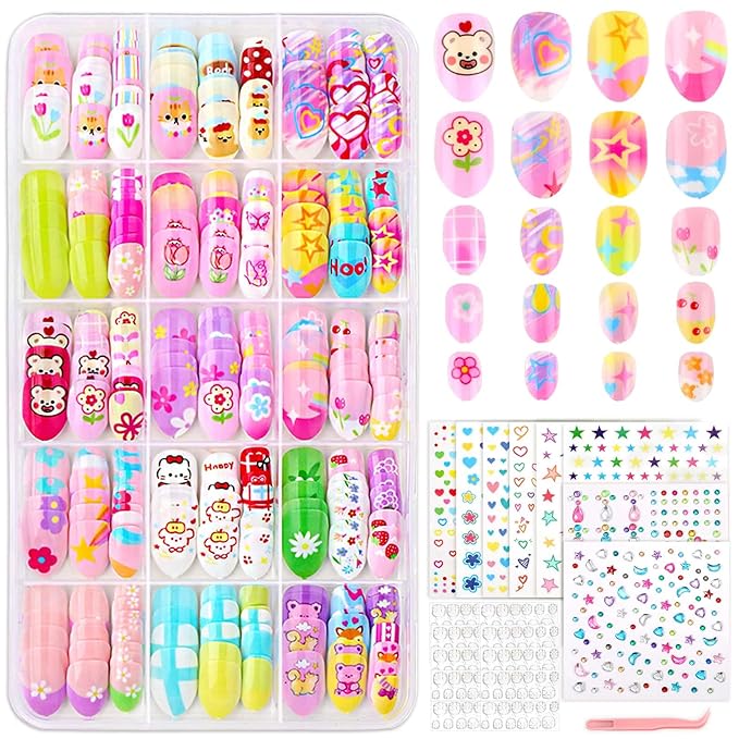 Press On Nails for Kids, 360 Pcs Almond Fake Nails for Girls, Heart Flower Nail Stickers, 3D Rhinestone Stickers Face Gems, Nail Art Kit for Girls Gift 8-12