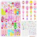 Press On Nails for Kids, 360 Pcs Almond Fake Nails for Girls, Heart Flower Nail Stickers, 3D Rhinestone Stickers Face Gems, Nail Art Kit for Girls Gift 8-12