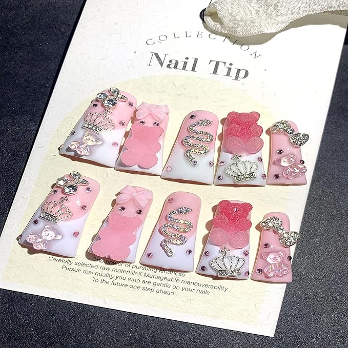 10Pcs Long Press on Nails Handmade Duck Fake Nails French Tip False Nails with Glue 3D Charms Design Acrylic Nails Luxury Rose Pink Stick on Nail for Women (Size M)