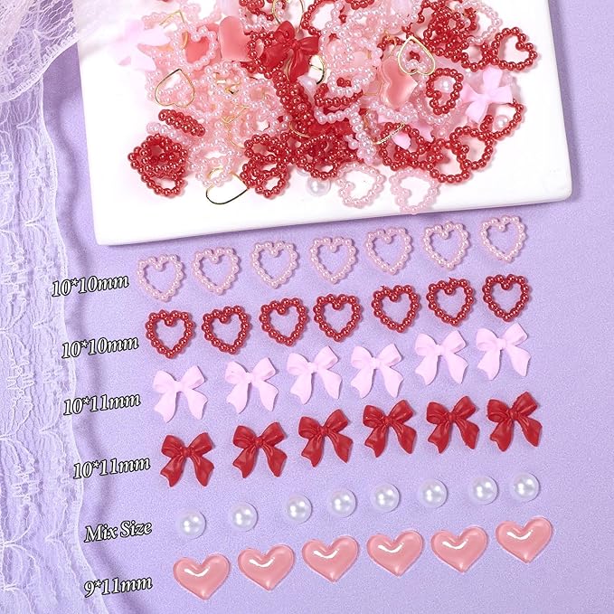 220 Pcs Gold Bow Heart and Acrylic Nail Art Charms, Love Nail Rhinestone and Gems, Pink Red Hearts Bowknot Junk Case Charms for Y2K Nail Art Manicure Design