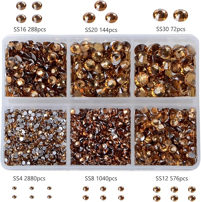 Bymitel 5000 Pieces 6 Mixed Sizes Glue Fix on Glass Rhinestones Round Crystal Gems Flatback for DIY Jewelry Making with one Picking Pen(6-Sizes 5000PCS, Lt. Topaz)