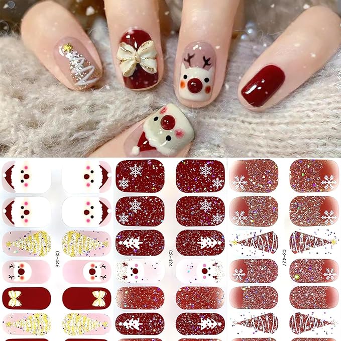 6 Sheets Christmas Gel Nail Strips 3D White Snowflake Wrap Toenail Stickers Cute Snowflake Xmas Tree Snowmen Elk Winter Nail Design Full Cover Holiday Nail Polish Stickers for Women Acrylic Nails DIY