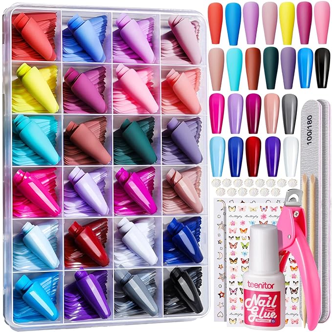 Teenitor Long Press On Nails Kit 24 Color Long Coffin Nail Tips Full Cover, 576pcs Long Coffin Press On Nails Fake Nails, Matte Nails Glue On Nails
