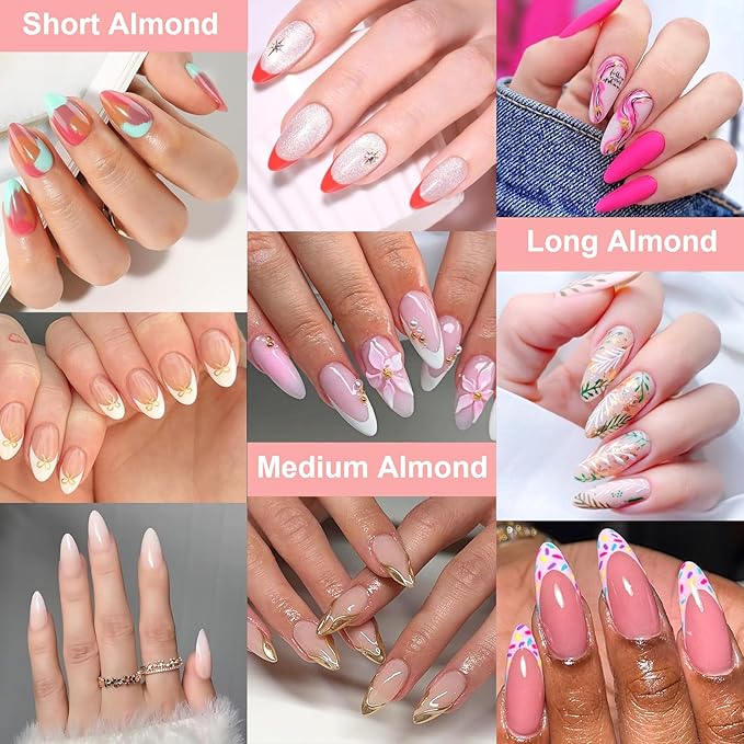 Soft Gel Short/Medium/Long Almond Nail Tips Kit 3 Boxes 360Pcs, Full Cover Pre-etching Acrylic False Nails for Small and Flat Nail Bed Home Manicure Extension DIY Salon Clear Press On Nails, BlueZOO