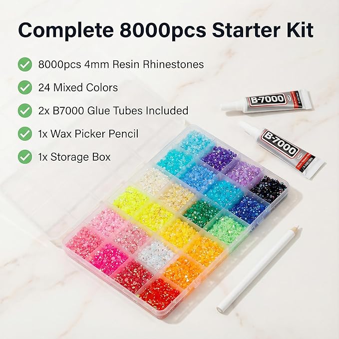 8000Pcs 4mm Rhinestones for Bedazzling, Bedazzler Kit with Rhinestones and Tools, Flatback Resin Jelly AB Colorful Rainbow Crystals Gems Set with Glue for Nail Art Crafting Clothes Crafts