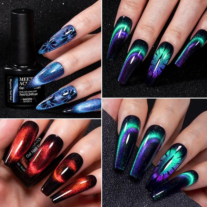 MEET ACROSS Magnetic Cat Eye Gel Nail Polish - Long-Lasting, High-Shine, 12D Holographic Glitter Effect, Soak-Off, Easy to Apply and Remove, 8 Vibrant Colors Optional for Nail Art Manicure