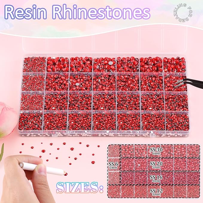32000Pcs Resin Rhinestones for Bedazzling with 3Pcs B7000 Jewelry Glue, Red Flatback Gems Rhinestones for Crafting, Clothing Tumblers Mugs Shoes Fabric Decor Nail Art