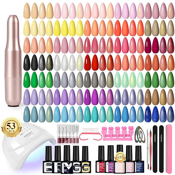 PHOENIXY 53 Pcs Gel Nail Polish Kit with U V Light Nail Drill, 35 Colors Gel Nail Kit 5 Pcs Glossy Matte Glitter Gold Sliver Top Base Coat Red for DIY Home Manicure Nail Sets Gift for Women