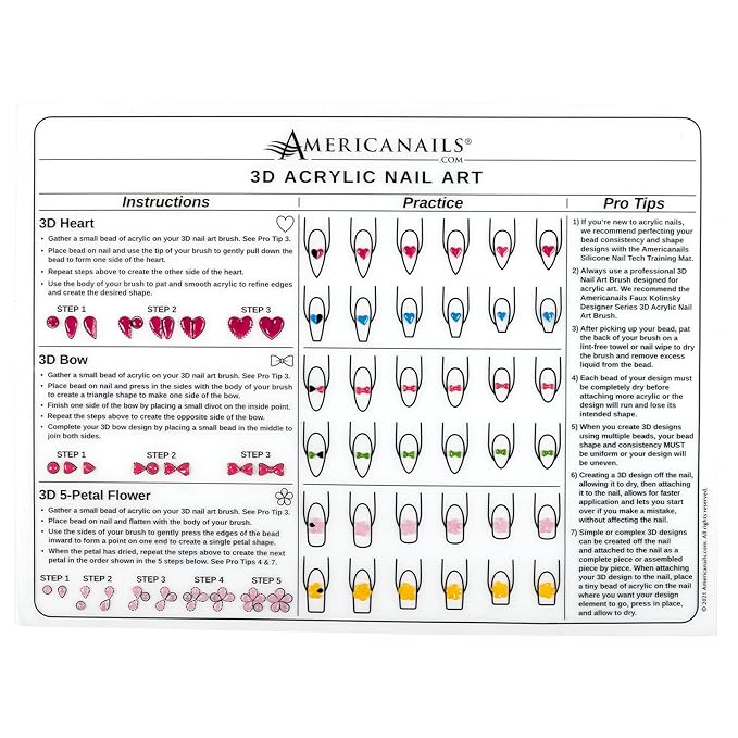 Americanails 3D Acrylic Nail Art Training Mat - Silicone Trainer Sheet for 3D Acrylic Nail Art Design - Step-by-Step Instructions & Diagrams - Create Hearts, Bows & Flowers - Protects Desk Surface