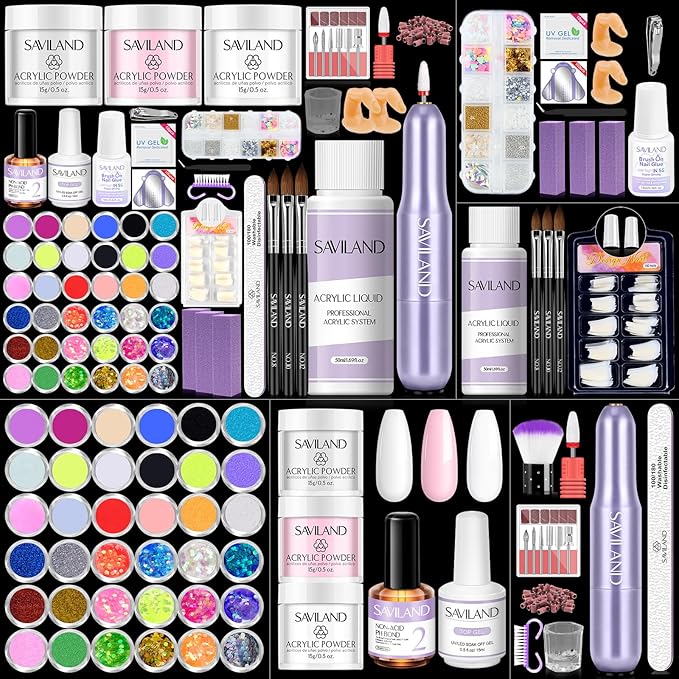 SAVILAND Acrylic Nail Kit with Drill: Nail Kit Acrylic Set with Everything for Beginners Glitter Powder and Liquid Set 100 Nails Tips Home DIY Manicure Salon