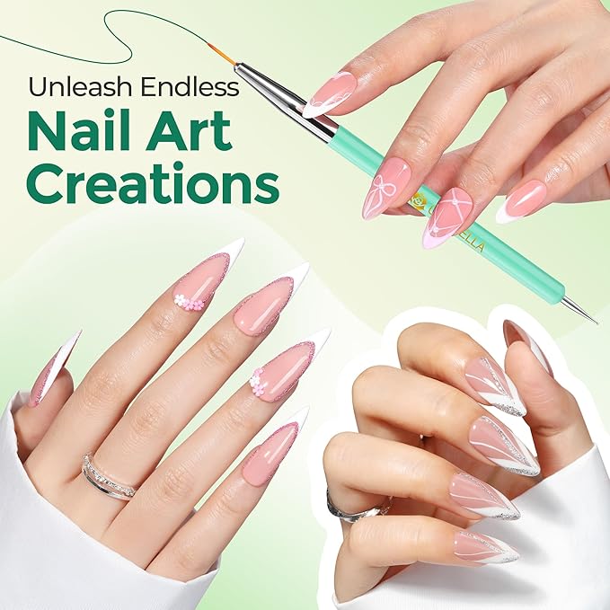 UNA GELLA Nail Art Pens 6PCS Green Color Acrylic Nail Art Design Brush Set with Gel Polish Liner Brushes Christmas Double-headed Nail Dotting Tools for DIY Home Salon Manicure Design Supplies