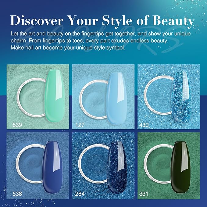 AZUREBEAUTY Dip Powder Nail Set Blue Green Shimmery, All Seasons 6 Colors Dipping Powder Starter Kit French Starry Ocean Banquet Nail Art Manicure DIY Salon Gifts for Women, No Need Nail Lamp Cured