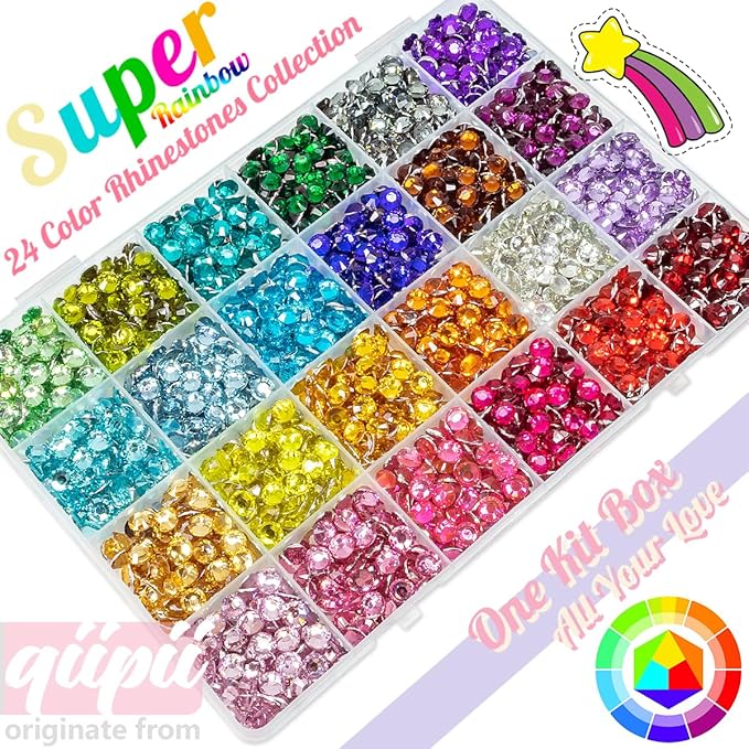 24 Color 6mm Crystal Resin Rhinestones w B7000 Jewelry Glue for Bedazzling Crafting SS30 Colorful Rainbow Big Flatback Stones Gems Diamonds Crystals for Tumblers Crafts Nails Face Eyes Makeup