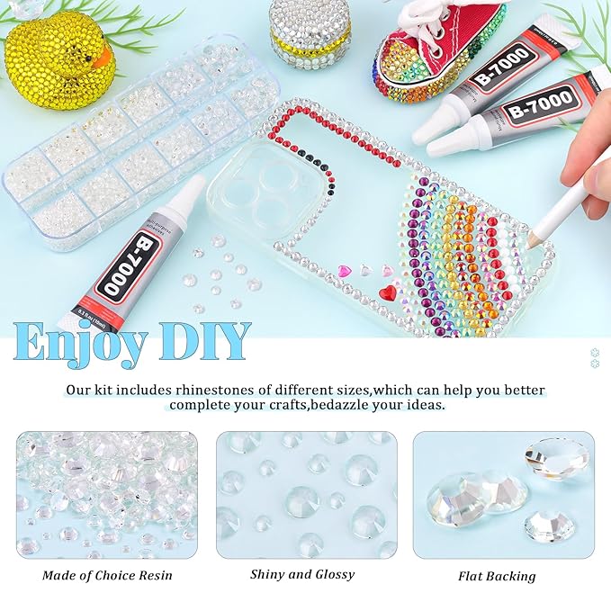 12000Pcs Resin Rhinestones for Bedazzling with 3Pcs B7000 Jewelry Glue, 2 Boxes Transparent Flatback Rhinestones for Crafting Crafts DIY, Crystals Gems for Clothing Shoes Tumblers Nail Art Makeup