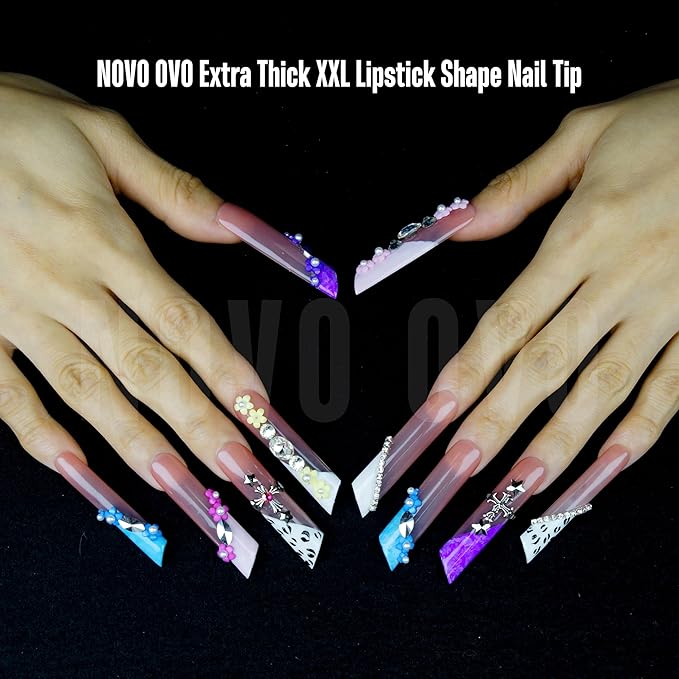 NOVO OVO XXL Lipstick Shape Nail Tip, Natural (not Sculpted), Symmetrical Cut Extra Thick False Nails Press On, Full Cover Soft Gel Extension Fake Nail Acrylic Kit French Tip X 15 Size 180pc