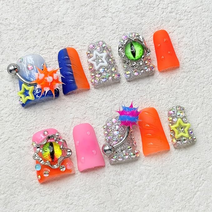 Handmade Press on Nails Short Duck Fake Nails Orange False Nails with Glue,Muti-Layer Gel Thick Press ons Nail Luxury Rhinestone Design Reusable Acrylic Nails for Women(Size S)