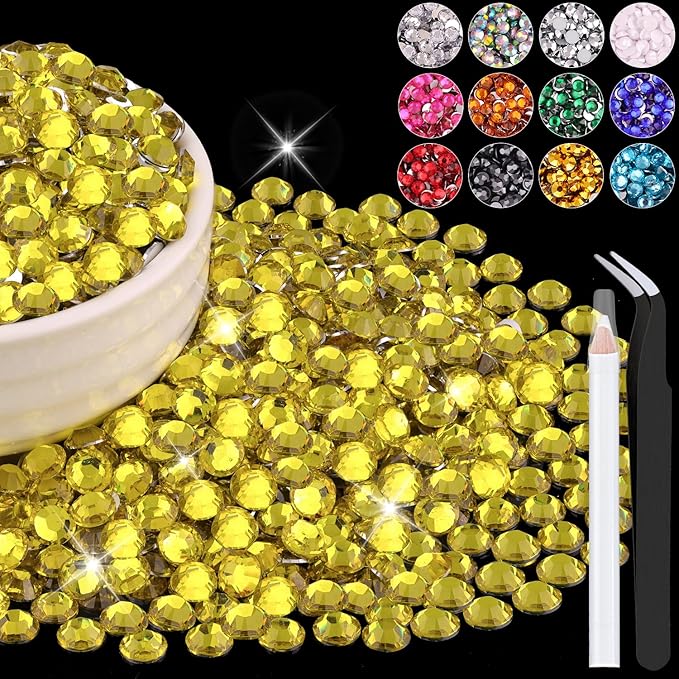 1500PCS 6mm Resin Rhinestones Bulk for Crafting (Lemon Yellow), Flatback Bedazzling Crystals for Crafts DIY Nail Decoration, Gems Charms for Tumbler Shoes Clothing Fabric with Pickup Pen and Tweezers