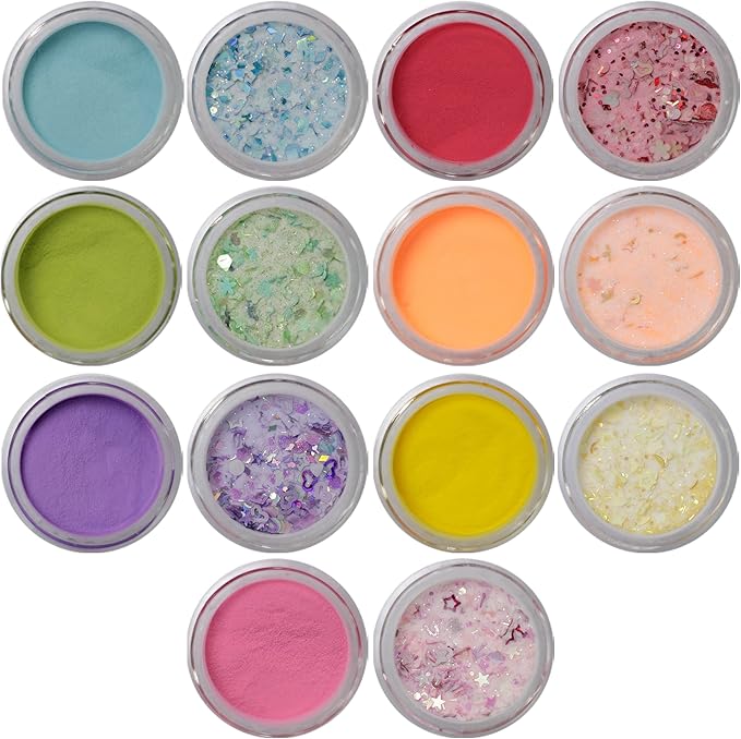 Nail Factory - Acrylic Powder Set Seven Collection, 14 Colors Mixed Shapes Set Glitter Nail Sequins Powder Holographic, Professional Nail Art Cosmetic, 3.5 Gr. Each One.