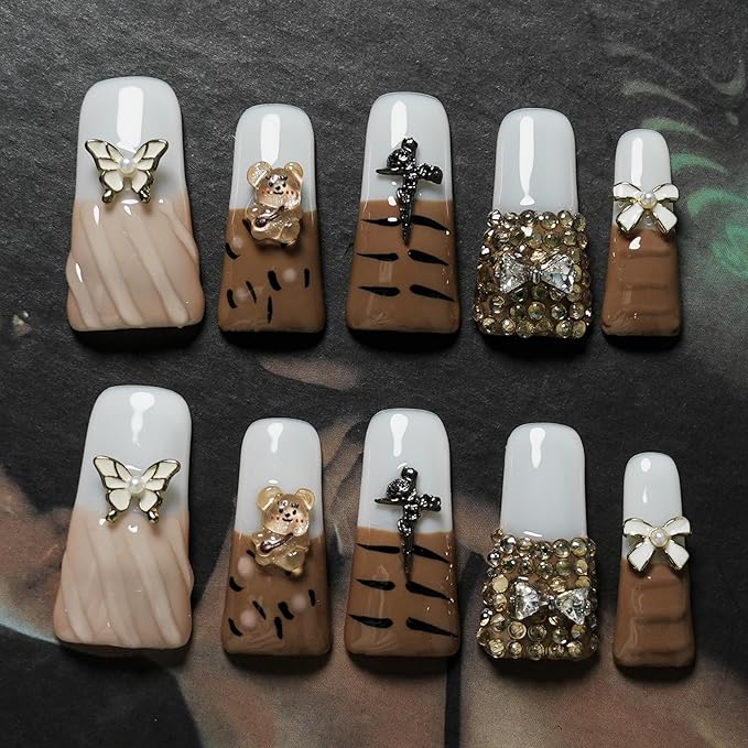 Duck Shaped Press on Nails Medium Handmade Fake Nails - French Tip Tiger Stripe Design with 3D Rhinestones Bow Charms Milk White Base False Nails (Diamond Tiger Pattern,S)