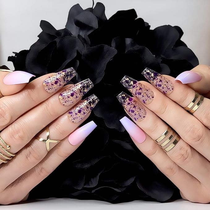 Hypnaughty Rio 24pcs Long Coffin Press-on Nails, Pink to Purple Ombre with Transparent Gold Design, ABS Material, Full Set with Glue