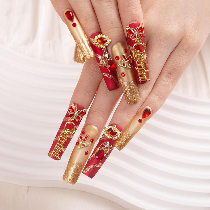 LOVFUL Press on Nails Gemini| Handmade with Full Covered Crystals| Reusable Fake Nails| Square Mid length 1.7in| H253-M