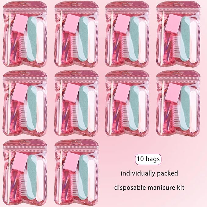 Disposable Manicure Kit Basics 5PCS Nail Kit, Mini Nail Files Buffers Bulk Handle Grip Brush Orange Wood Stick Individually-Packed Pedicure Set for Fingernails Toenails Salon Supplies 10 Packs