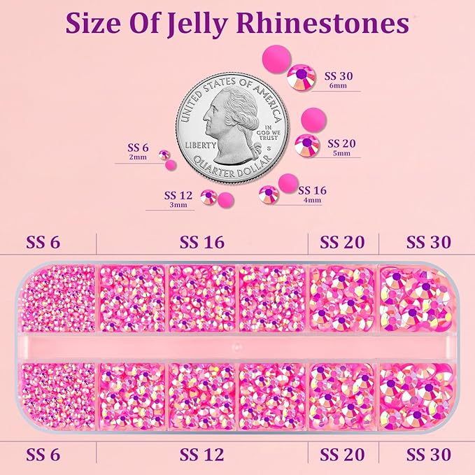 Resin Jelly Rhinestones for Crafting with B7000 Jewelry Glue, 1 Box Hot Pink AB Flatback Crystal with 3Pcs 10ml Glue, Bedazzling Non Hotfix Gems for DIY Tumblers Clothing Shoes Manicure