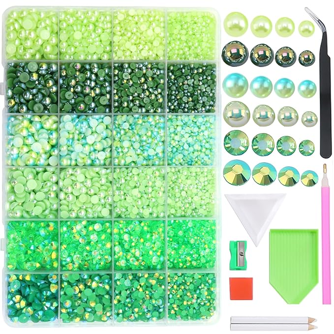 RODAKY 24000PCS Pearls Rhinestones Kit for Craft Green Resin Crystal Rhinestones Bedazzling Non Hotfix Gems Beads for Manicure DIY St Patricks Day Crafts Tumblers Clothes Makeup