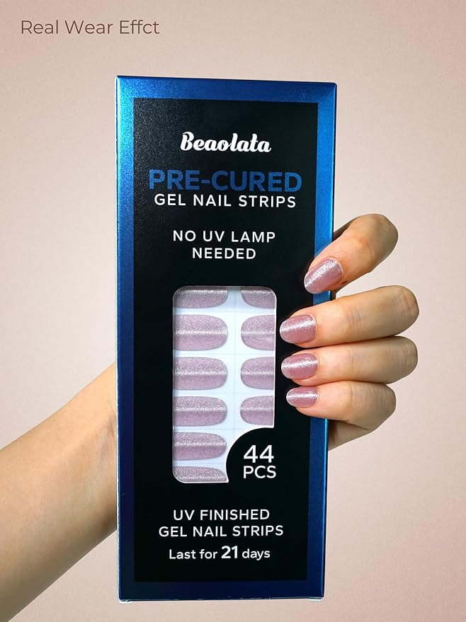 Real Gel Nail Strips (No UV Light Needed) - 44Pcs Salon Quality Nail Stickers - Long Lasting Polish Wraps for Women, Easy Apply & Remove (Line Glitter Pink)
