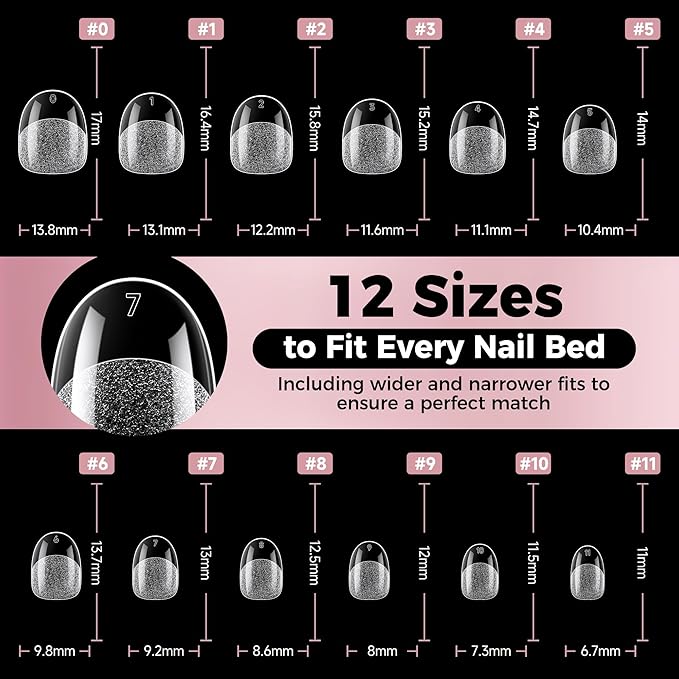 Extra Short Oval Round Nail Tips: 240Pcs Tri-Layer Core Soft Gel Nail Tips, Pre-shaped Short Oval Press On Nails, 12 Sizes Half Matte Full Cover Clear Short Nails for Extension Art DIY Salon