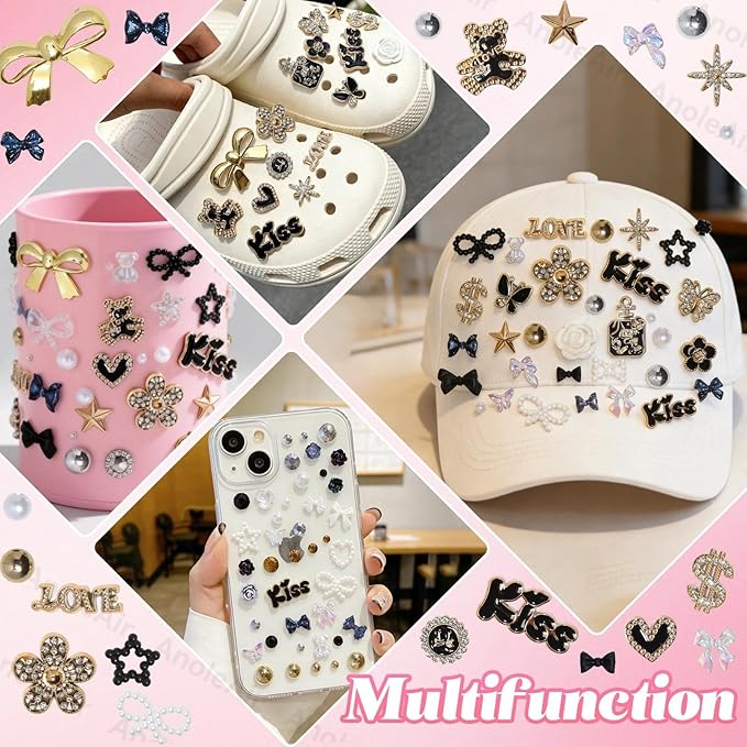 Magic Black Junk Case Charms Kit, Mixed Gold Silver Black Flatback Resin Pearls Rhinestones Bedazzling Kit, Punk Big Junk Phone Cases Charm, Heart Star Bow Flower Charms for Phone Case DIY Crafts